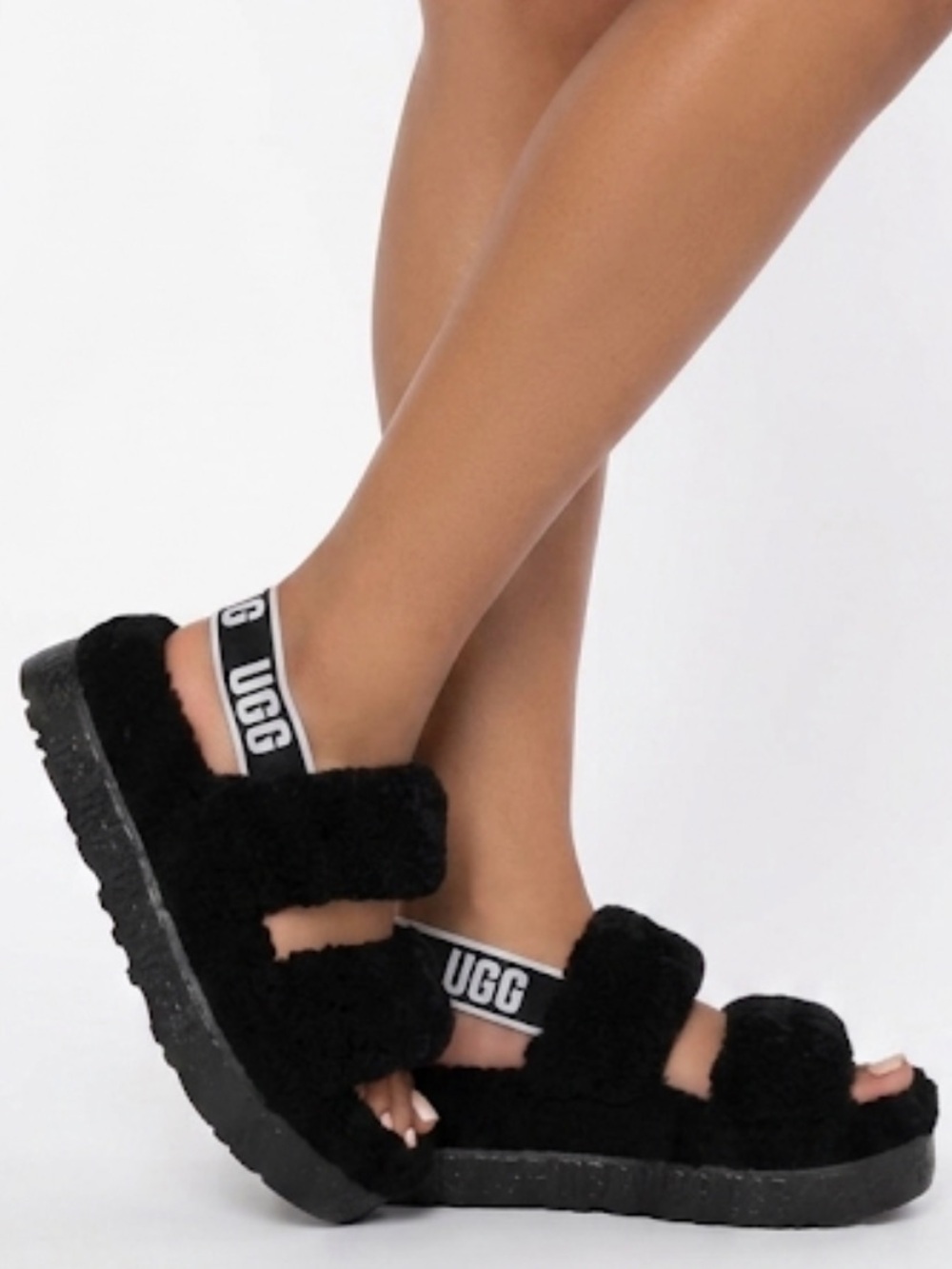 UGG “Oh Fluffita” Black Platform Slingback Slippers Size 10 Like New!
